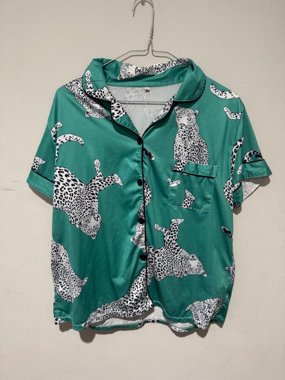 Green Leopard-Print Short Sleeve Button Front Top and Bottom Pajama Set